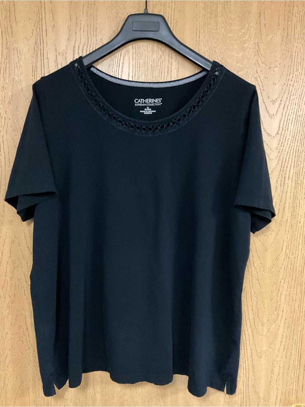 Catherines Black Short Sleeve Scoop Neck Top with Crochet Trim